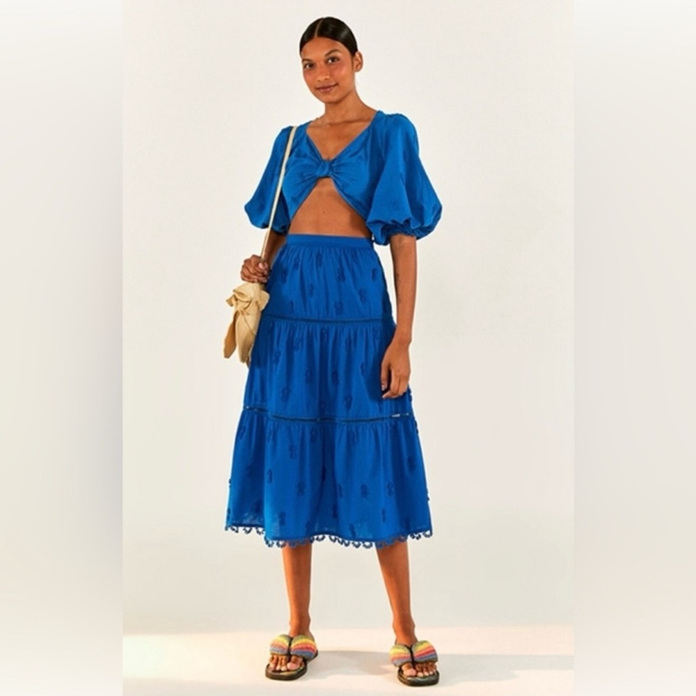FARM Rio Blue 3D Pineapple Embroidered Midi Skirt Pom Pom Hem A-Line Size S NEW - Picture 4 of 12
